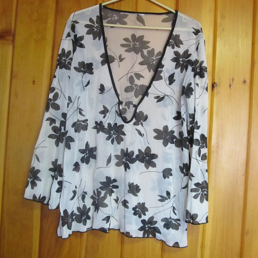 Sheer Cover Up Blouse swimwear Top coverup Women Size L Black White Cover up
